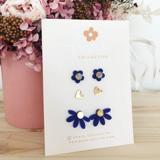 Foxie Collective Stud Pack Trio | Frosted Sapphire + Gold