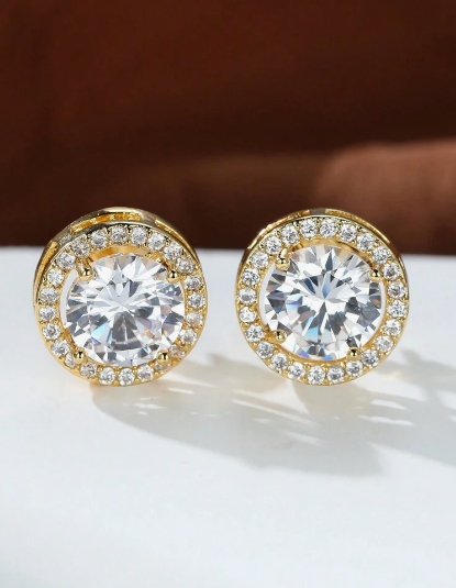 Yellow Gold + Cubic Zirconia Halo Stud Earrings