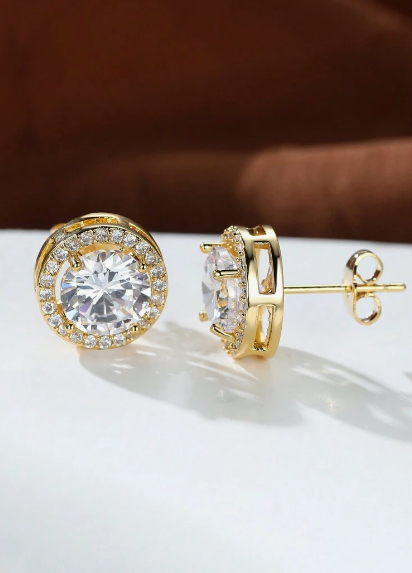 Yellow Gold + Cubic Zirconia Halo Stud Earrings