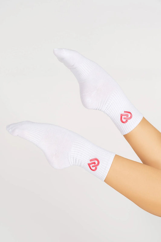 Claudia Dean World Crew Socks - White + Hot Pink