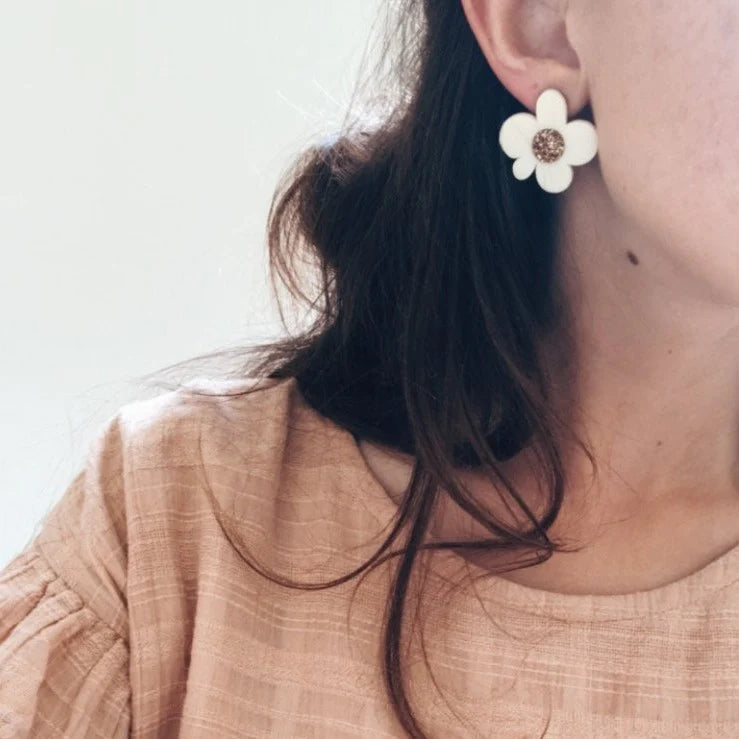 Foxie Collective Moon Flower Statement Stud Earrings | Cream + Gold Glitter